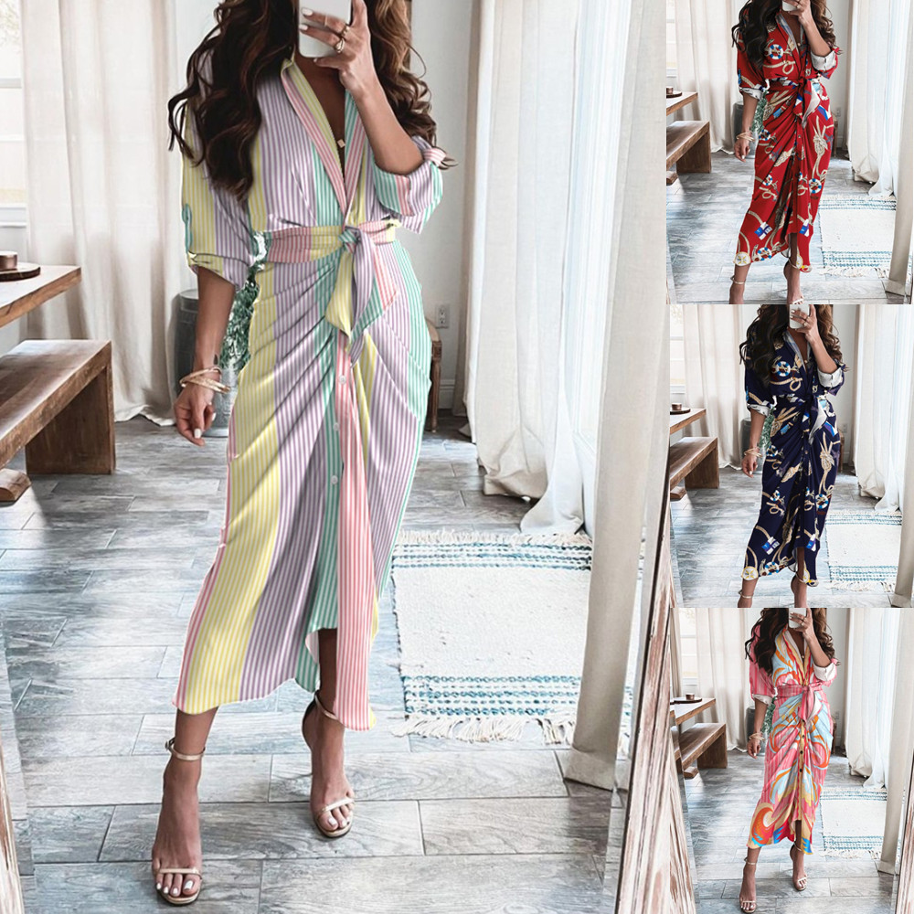 Vestido Largo Elegante con Estampado, Manga Corta con Botones y Cuello en V, Estilo Informal para el Verano 2021, Éxito de Ventas en Wish y Amazon image 1