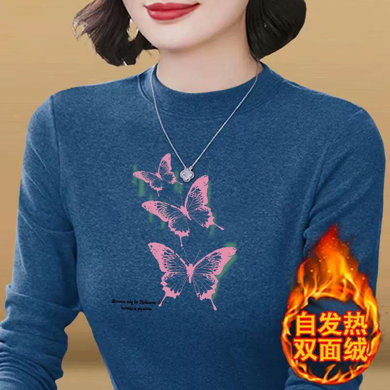 德绒T恤女长袖秋冬季保暖加绒加厚大码妈妈装休闲百搭打底衫内搭|undefined