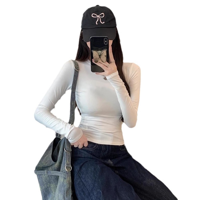 外贸辣妹掐腰长袖T恤女春秋纯色修身显瘦外贸百搭打底衫白色上衣|undefined