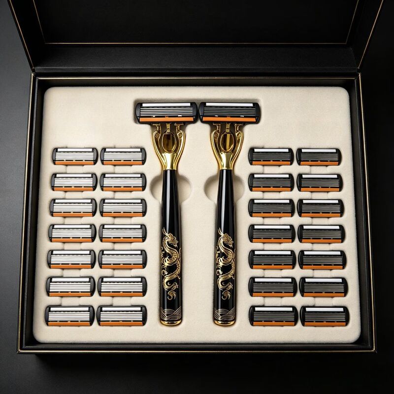 6-layer Black Dragon manual razor for men, includes six stainless steel replacement blades, set does not include gift box 6-layer Black Dragon manual razor for men, includes six stainless steel replacement blades, set does not include gift box