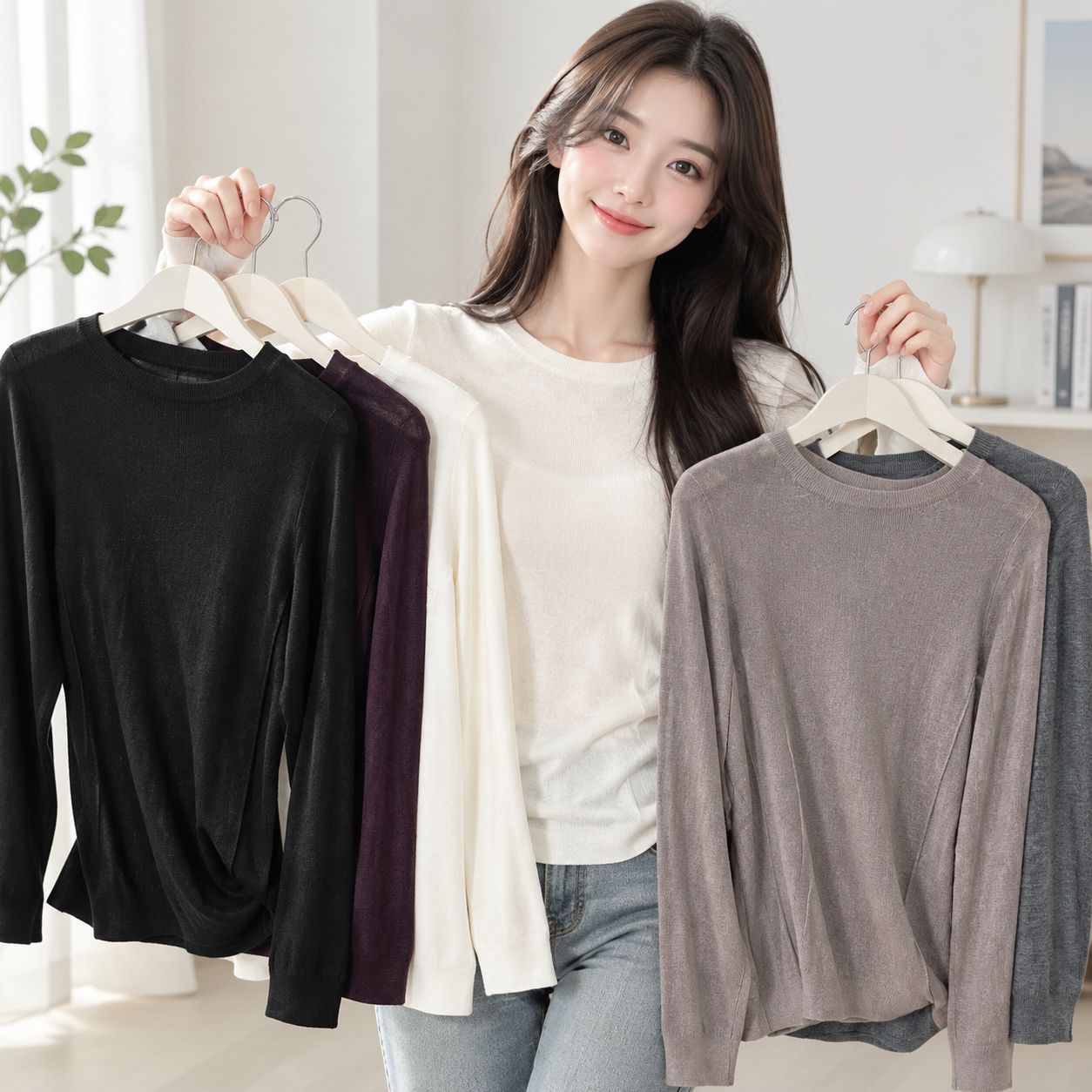 2026 Tongxiang Puyuan Clothing Factory Autumn/Winter New Collection: Simple Crew Neck Seamless All-Wool Base Layer Sweater for Women
