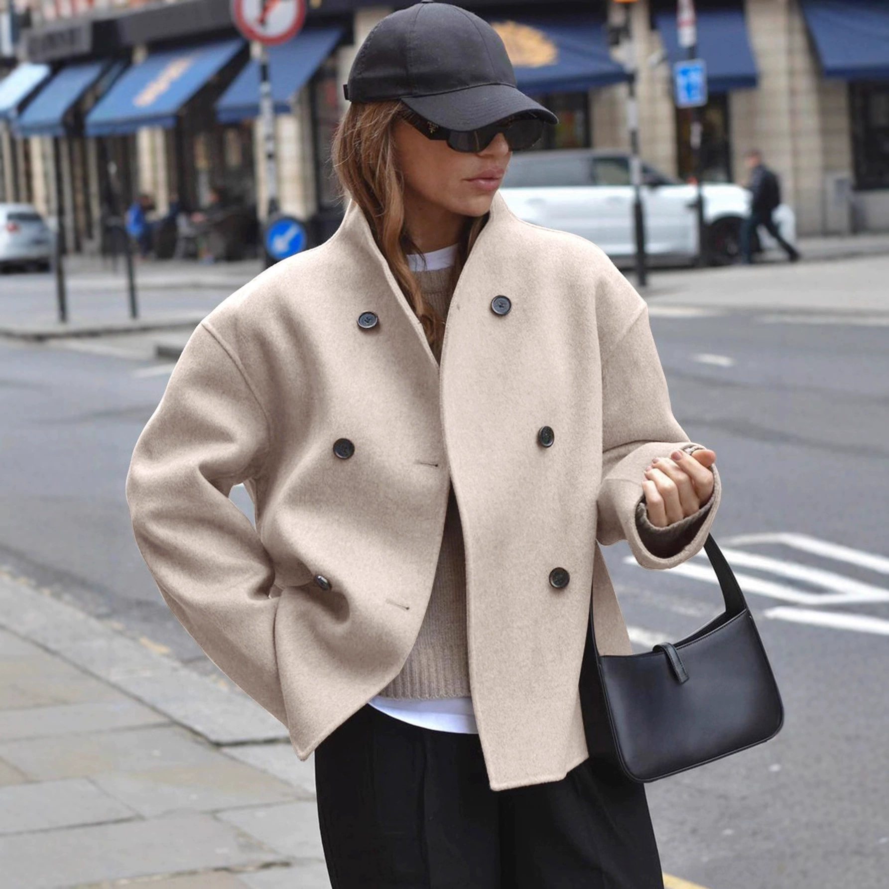 Европейский код трансграничный спот женский двубортный сплошной шерстяной пальто повседневный темперамент британский стиль дикий топ женский