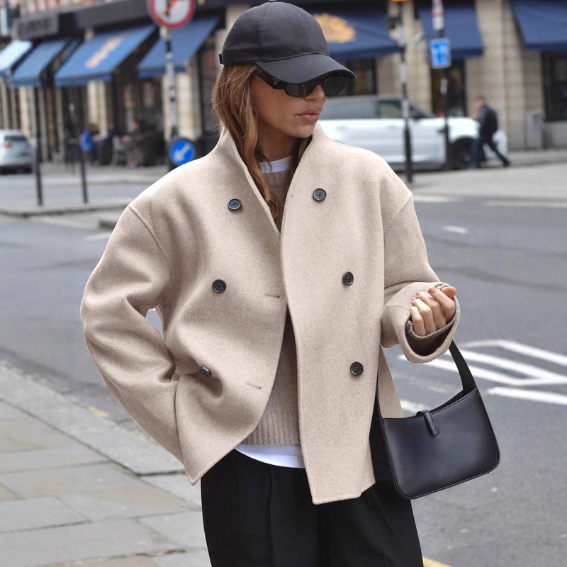 European Size Cross-border in stock Women's Double-breasted Solid Color Woolen Coat Coat Casual Elegant British Style All-match Top for Women