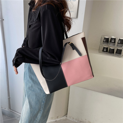 New Korean style contrasting color large-capacity tote bag women's fashionable outing portable shopping bag women's bag fashionable shoulder bag