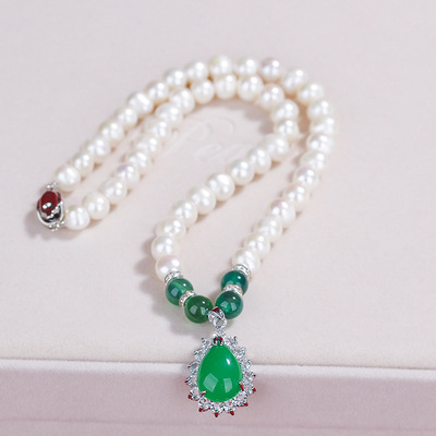natural Freshwater pearls Necklace Three-piece Suite Mother's Day gift Chalcedony Pendant Women's Day mom mother-in-law gift
