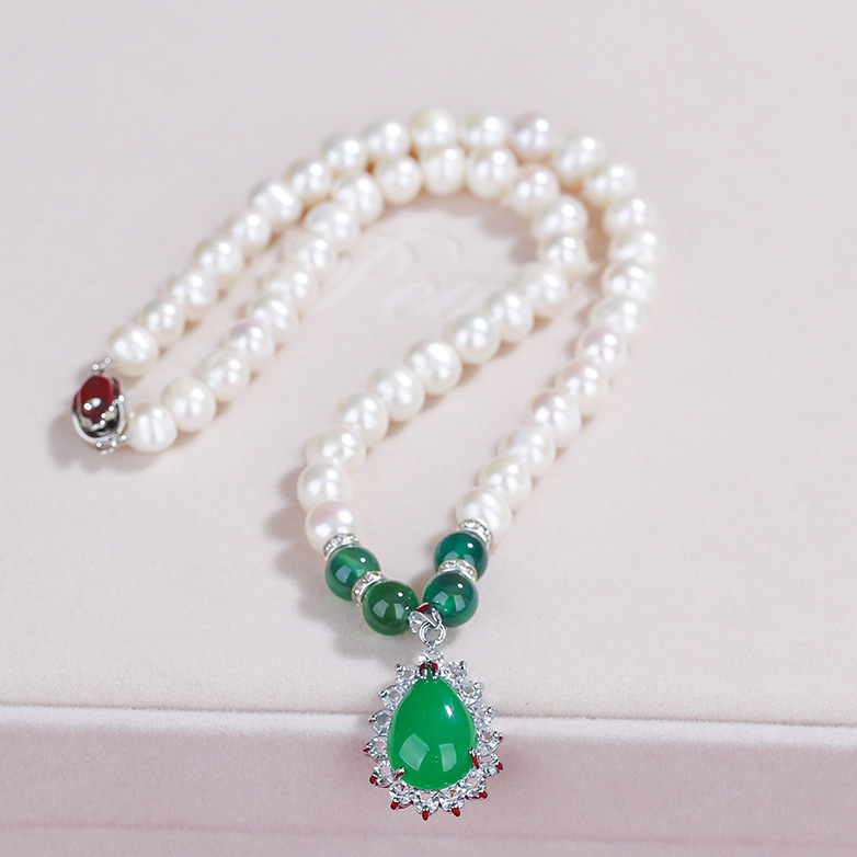 natural Freshwater pearls Necklace Three-piece Suite Mother's Day gift Chalcedony Pendant Women's Day mom mother-in-law gift