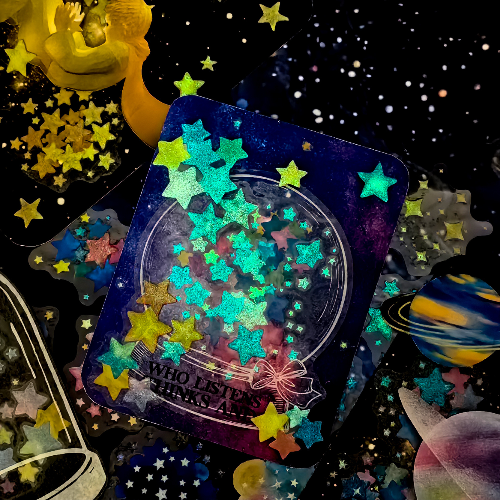 Retro Story Bolsa de papel de pegatina luminosa Noche estrella serie PET impermeable contador de mano material de bricolaje bolsa de pegatina de película de corte