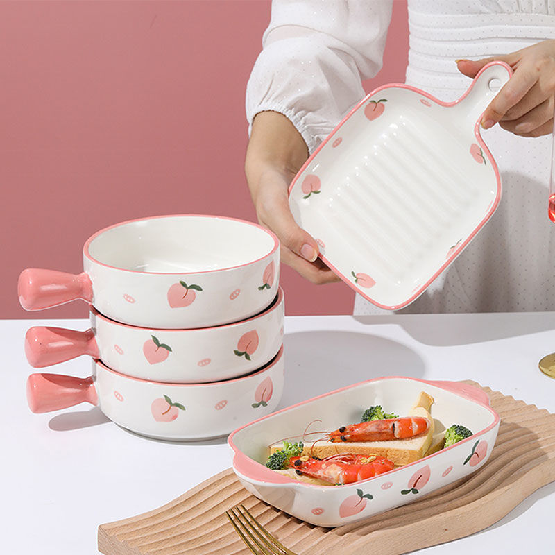 Ceramic Rice Bowl Household Cute Peach Hand-painted Handle Plate Creative Internet Celebrity Baked Baking Plate Noodle Tableware Set Wholesale