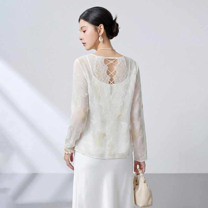 Ink Painting Style [100% Mulberry Silk] 26 Summer New Butterfly Chiffon Cut-Out Floral Top Women's Lace Loose Blouse 3097