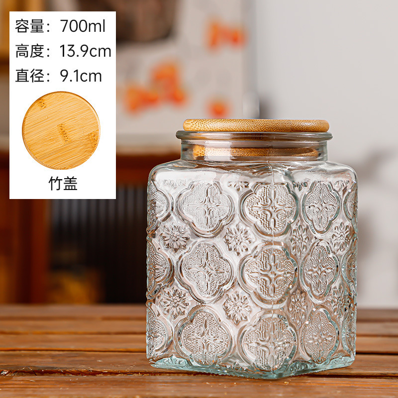 Hogar vintage Begonia flor realzada snack caramelo almacenamiento tarro bambú cubierta americana cocina transparente vidrio sellado frasco