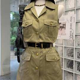 法式复古翻领无袖背心连衣裙女夏季新款收腰显瘦气质工装短裙