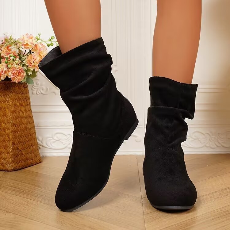 Women's Pleated Slouch Boots Round Toe Suede Retro Style Winter_voghion.com