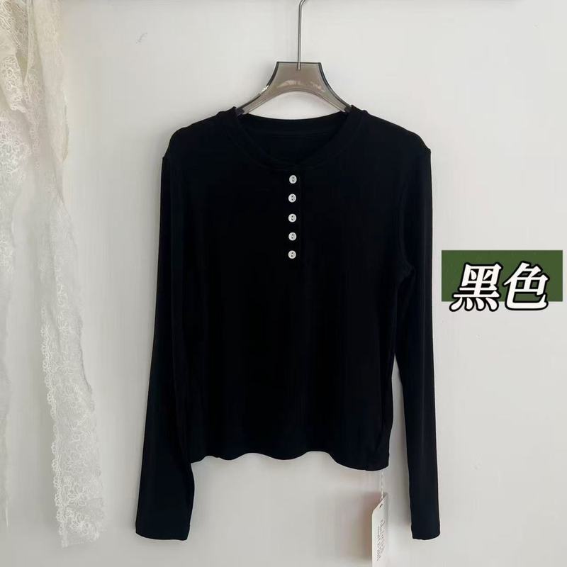 lulu同款 小众设计感女士弹力螺纹别致半排扣打底衫修身显瘦女T|undefined