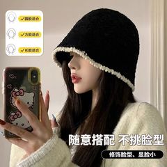 小香风黑色毛绒针织渔夫帽秋冬季帽子女款2025新款显脸小水桶盆帽