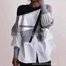 欧美2023女士新款休闲时尚圆领长袖针织多色拼接假两件套白色衬衫