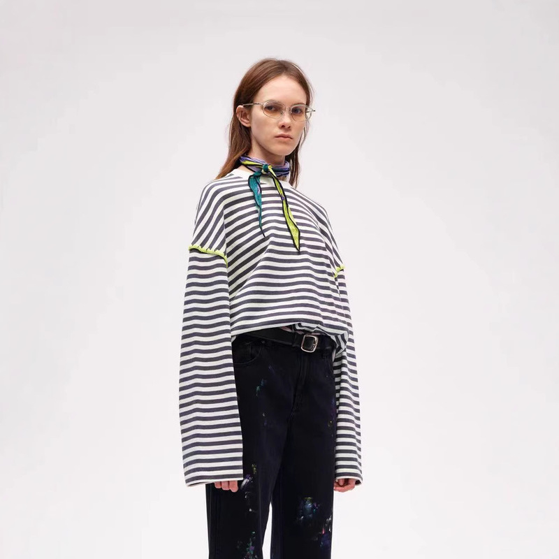 SHORT SENTENCE Short Sentences Designer Shell Embroidery Classic Striped Long-sleeved T-shirt Men's and Women's Sweatshirt SHORT SENTENCE Short Sentences Designer Shell Embroidery Classic Striped Long-sleeved T-shirt Men's and Women's Sweatshirt