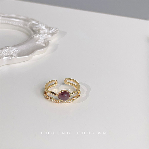 Micropaved zircon glass cat's eye ring plated 14K open adjustable ring sweet Japanese and Korean index finger ring jewelry