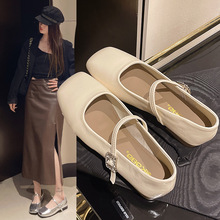 韩版一字带银色玛丽珍小皮鞋女2024夏季新款低跟浅口