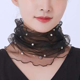 2021 Spring and Autumn Pullover Fake Collar Neck Protector Small Square Scarf Thin Korean Lace Beaded Silk Scarf Mesh Scarf for Women