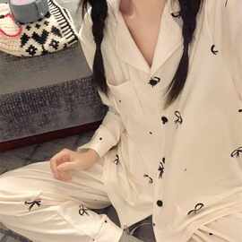 超大码300斤睡衣秋冬女甜美白巧蝴蝶结保暖长袖长裤家居服套装