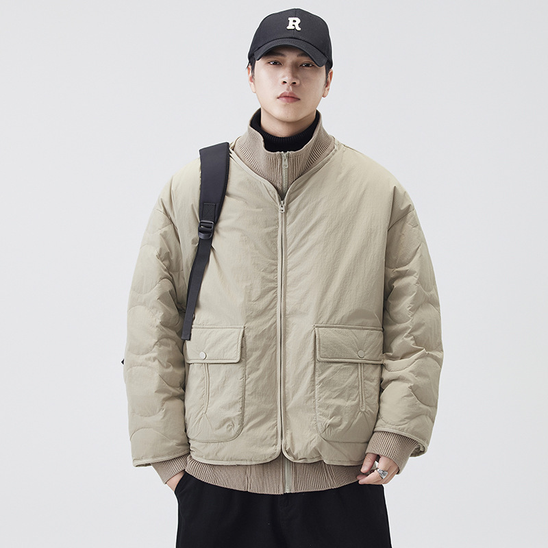 Falso de dos piezas de punto de cuello vertical chaqueta de plumón hombre invierno suelto abrigo de trabajo caliente chaqueta de moda de hombre image 1