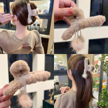 布艺发饰 流苏毛毛球蝴蝶结双面毛绒抓夹温柔法式后脑勺盘发夹子