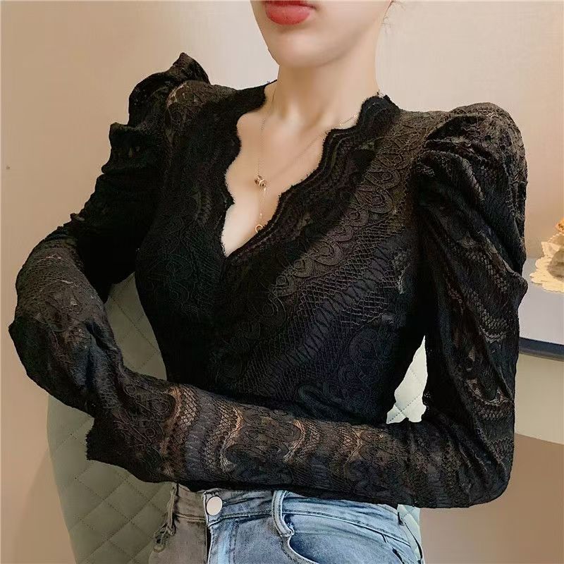 Y9Z Socialite Style Beautiful Lace Sexy Hollow V-Neck Long Sleeve Top Autumn and Winter New Elegant Feminine Bottoming T Y9Z Socialite Style Beautiful Lace Sexy Hollow V-Neck Long Sleeve Top Autumn and Winter New Elegant Feminine Bottoming T