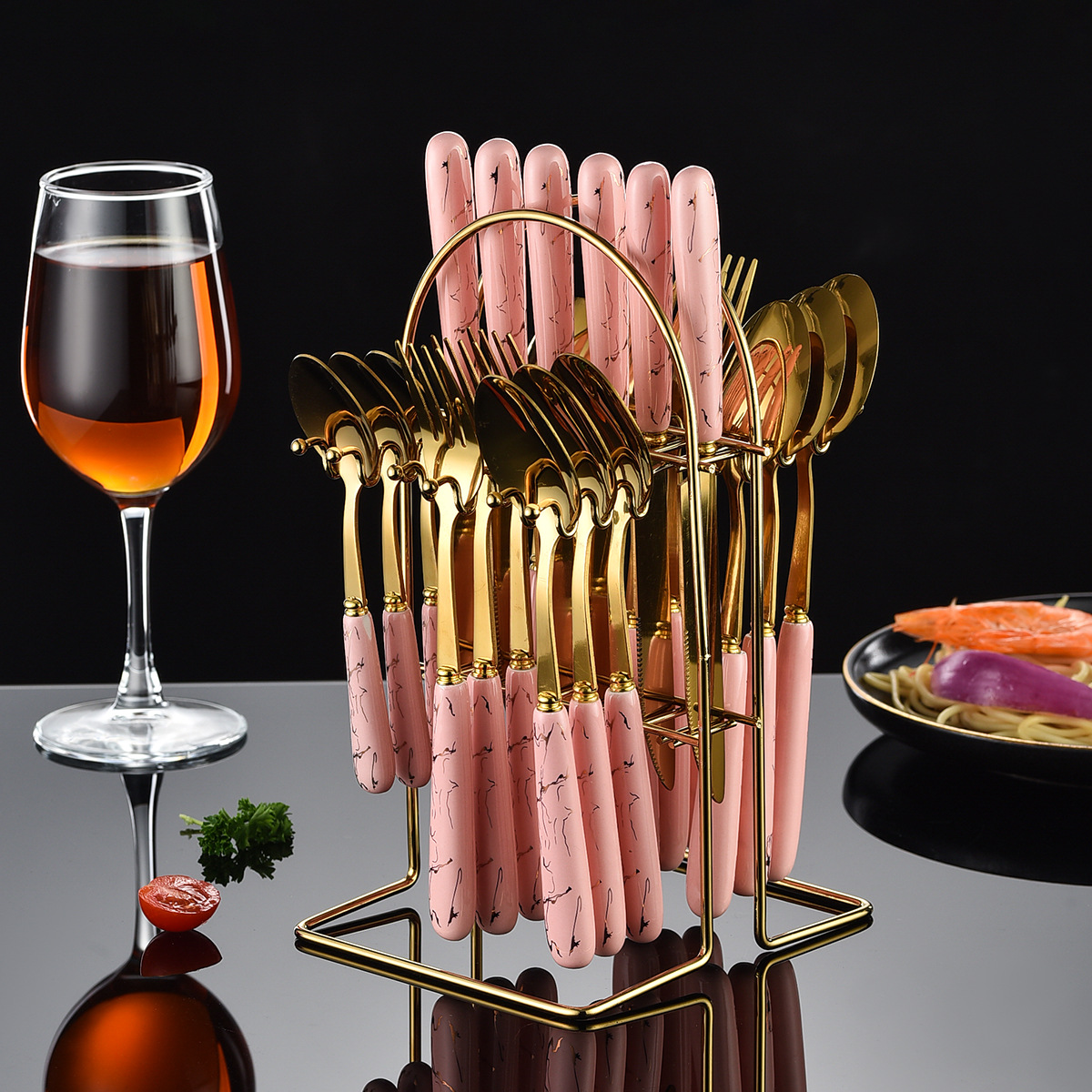 Amazon's best-selling stainless steel tableware retro ceramic handle knife, fork and spoon 24-piece set hanging rack Western tableware gift box set