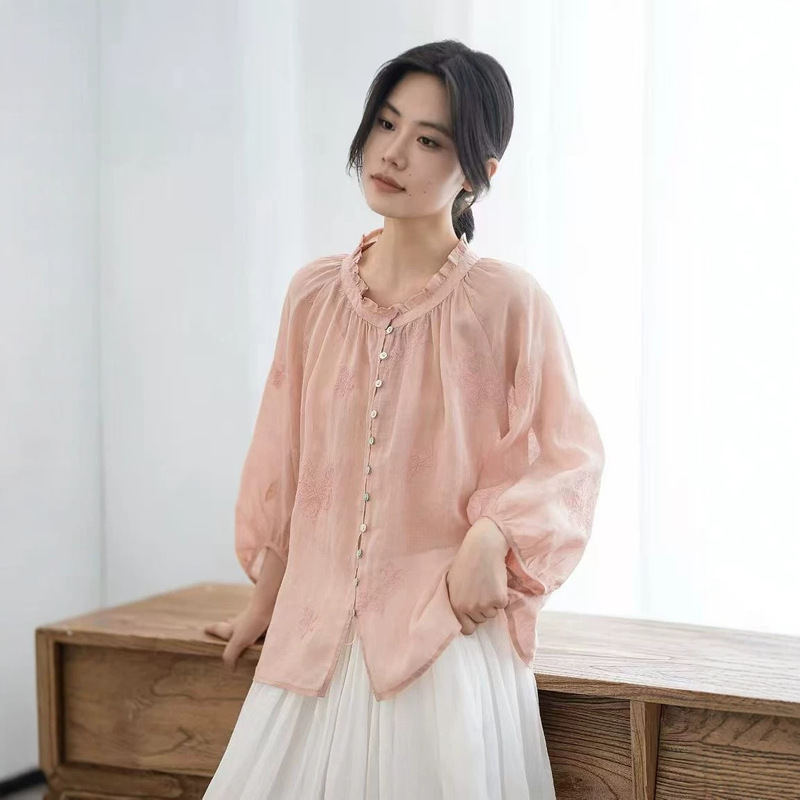 Pure Ramie Seamless Same-Color Butterfly Embroidery Ruffle Collar Lace Shirt, New Summer 2026 Style, Artistic and Versatile