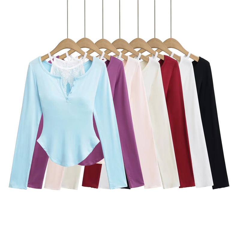 Hot Girl Sexy Waist-Cinching Curved Long-Sleeved T-Shirt for Women Retro Lace Splicing Design Slimming Look Bottoming Shirt Top Trendy