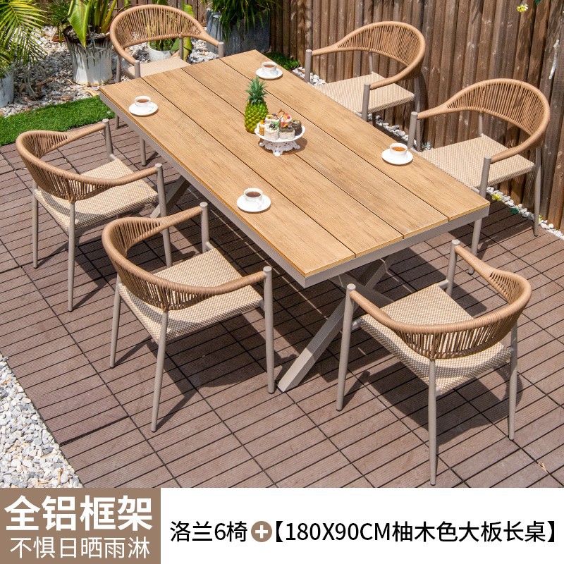 Mesas y sillas al aire libre patio de madera de plástico terraza jardín silla de mimbre balcón madera anticorrosiva al aire libre mesa de comedor de ocio combinación de ratán