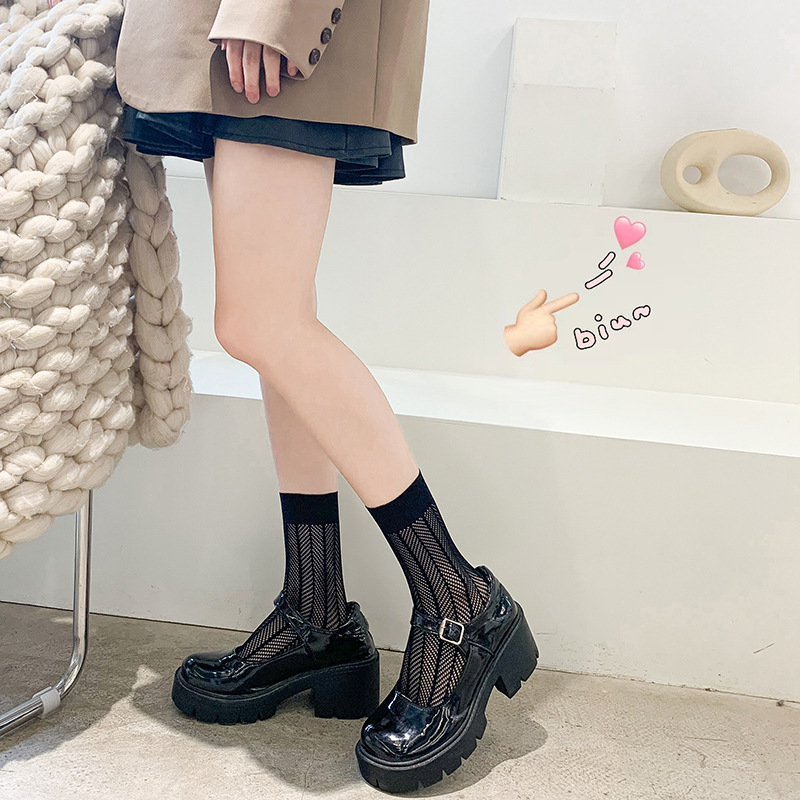 Summer thin V-shaped hollow mesh breathable women's pile socks candy color JK style children's mid-calf socks
