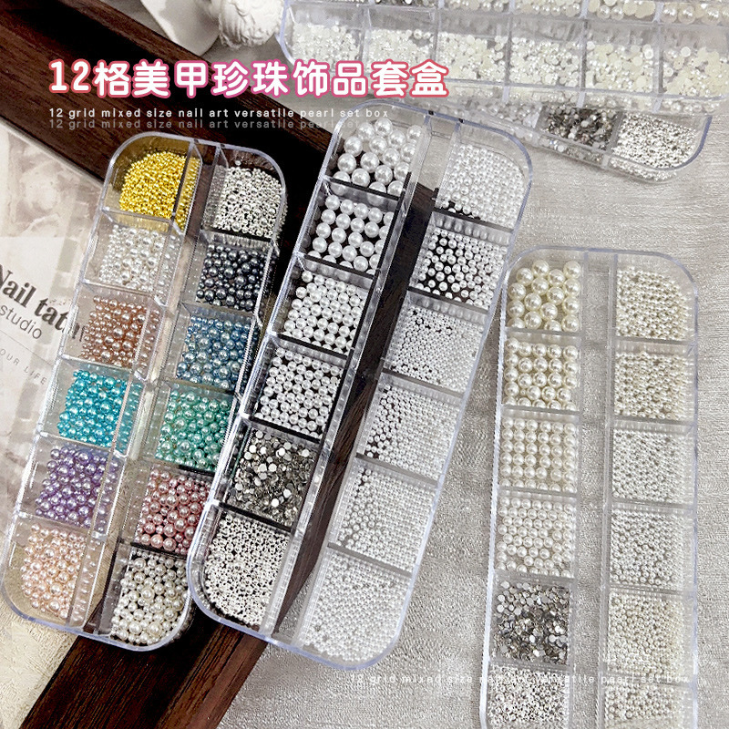 Cross-Border Popular Item: 12-Compartment Colorful Pearl Nail Art Decorations, Pure White 3D Half-Round Pearls, Mixed Size Accessories