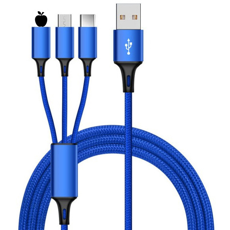 Cable de carga de teléfono móvil tres en uno tejido de nailon de fábrica para el cable de datos uno a tres de Apple tipo Android