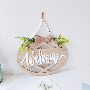 Wooden Welcome Wall Hangings Cross-Border Exclusive American Country Green Plant Bow Ready-Made Straight Decoration