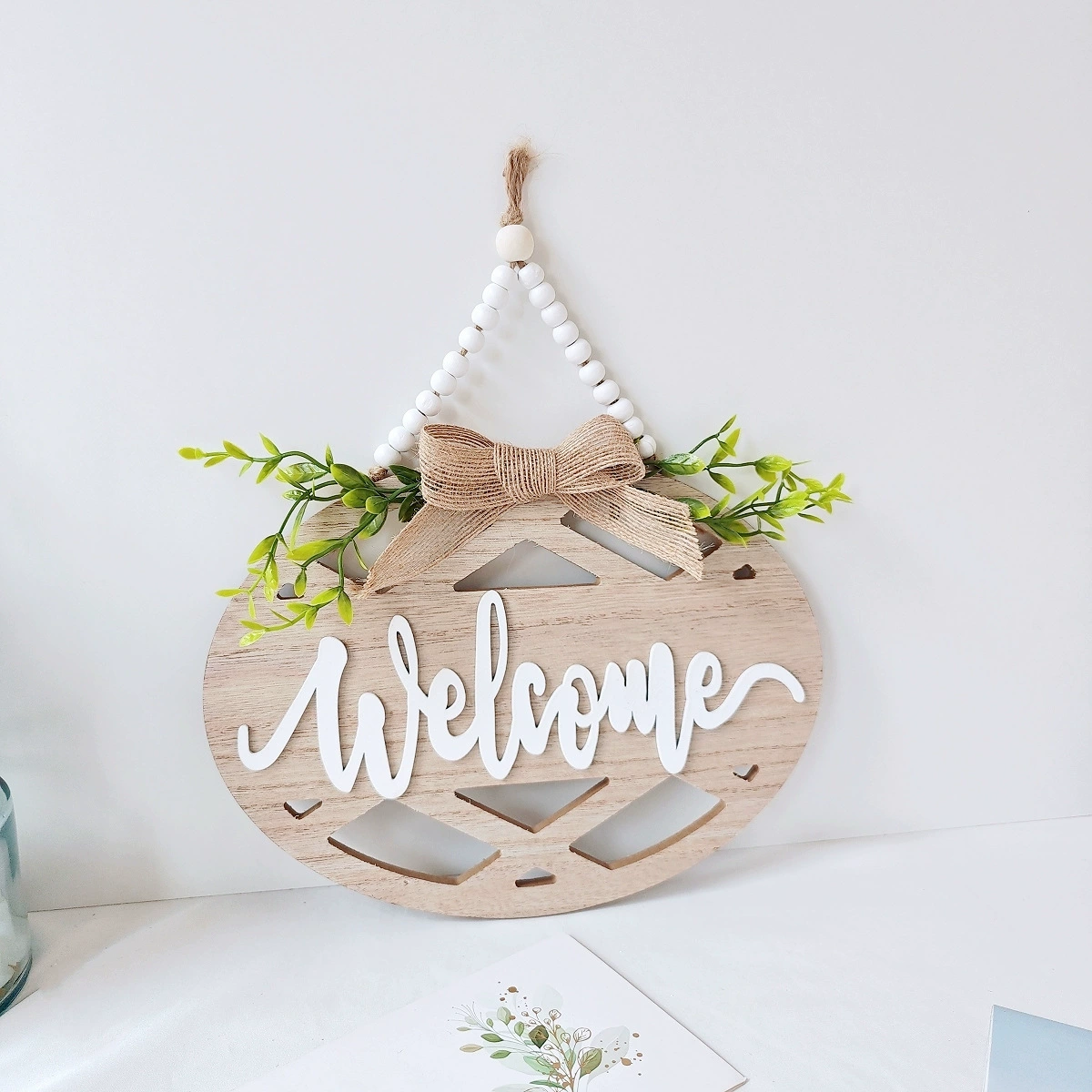 Деревянная табличка приветствия, настенное украшение, трансграничное эксклюзивное американское деревенское зеленое растение с бантом, готовое украшение для прямой доставки
