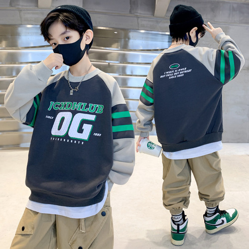 Spring and Autumn Trendy Children's Sweatshirt Thin Boys Letter Printed Loose Casual Sweatshirt for Medium and Large Children Round Neck Pullover Long Sleeve T