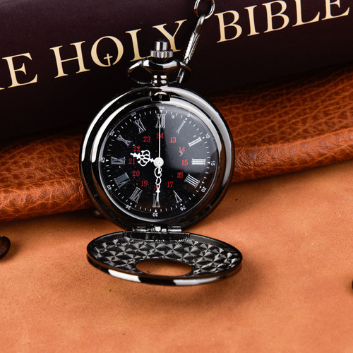 Quartz watch nostalgic pocket watch Roman numeral thin chain large retro Roman numeral nostalgic black pocket watch 8075