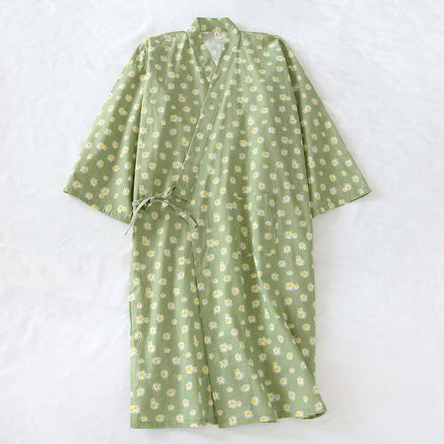 Japanese-style sweet pure cotton women's kimono robe summer thin bathrobe plus size washable cotton tie sweat bathrobe