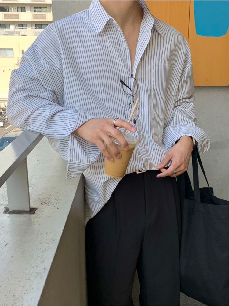 Myq日系ストライプシャツ男性長袖2023秋新作韓国版ゆるいデザインシャツ