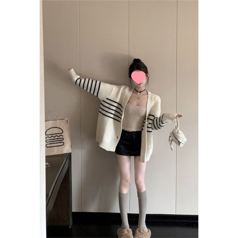 Lazy Style Loose Mid-Length Sweater for Women Autumn and Winter Thickeneded Soft Waxy Knitted Cardigan Jacket Preppy Style Stripesd 2024