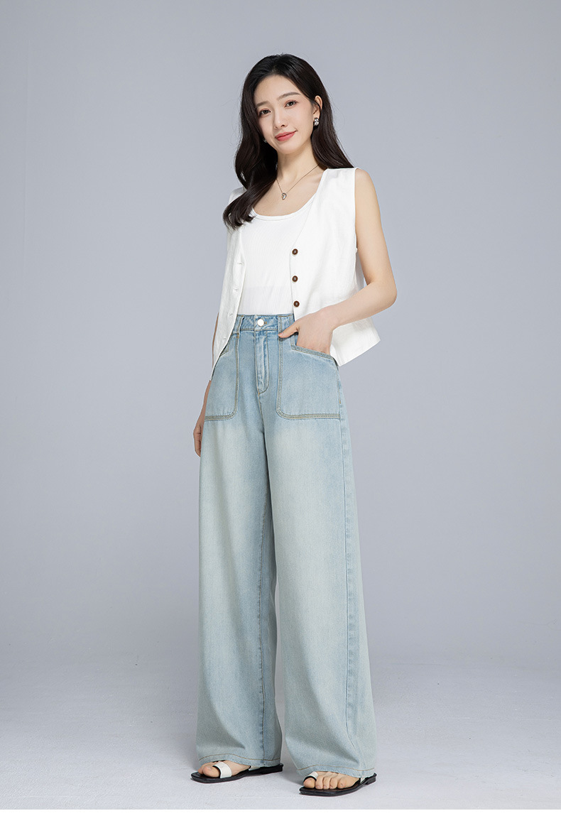 Quần jean ống rộng nữ cạp cao chất Tencel cotton mỏng mùa hè — Xanh lam nhạt cổ điển chi tiết 19