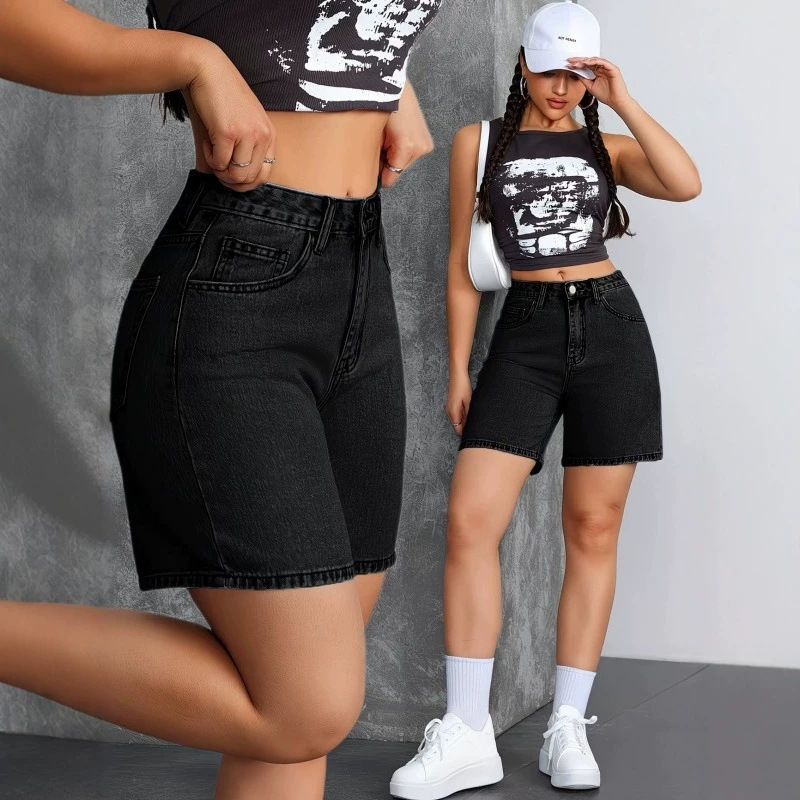 2026 European and American high-waisted black denim shorts for women, trendy and slim-fitting, stretchy and slimming straight-leg mid-length pants