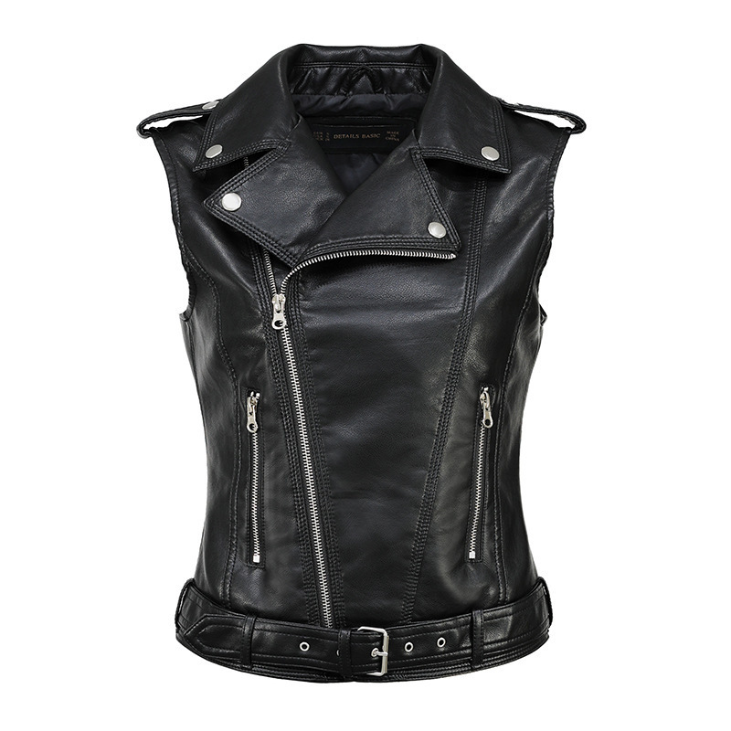 Women's foreign trade new solid color slim short motorcycle vest lapel belt zipper commuter pu leather vest wholesale