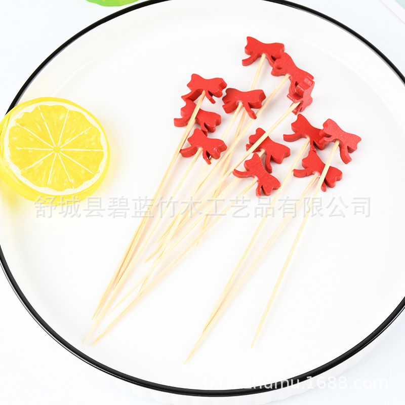 Fábrica de suministro de arco rojo botón de bambú desechable moda botón de vino horquilla de fruta horquilla decorativa horquilla de fruta