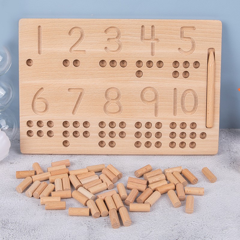 Bloques de matemáticas Montessori transfronterizos: Ayudas didácticas de madera para el aprendizaje de números y cantidades mediante inserción de varillas, ideales para niños de 3 a 6 años.