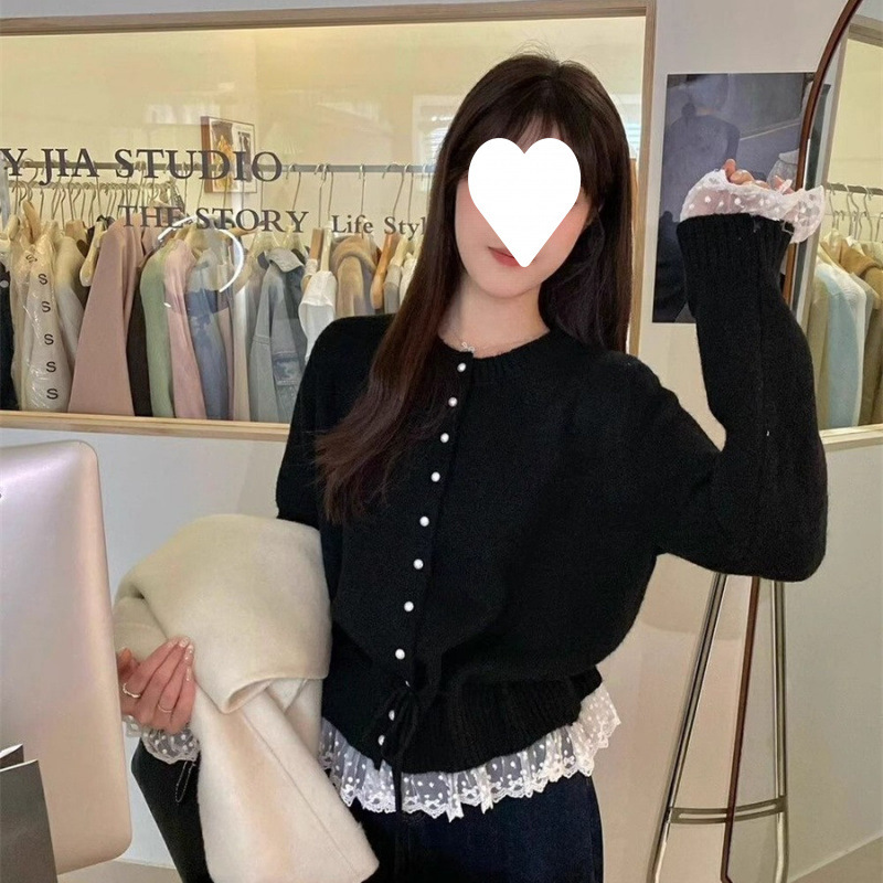 韩系甜美减龄蕾丝花边收腰系带毛衣女士春秋宽松显瘦百搭圆领上衣|undefined