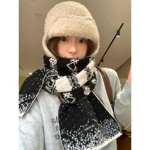 Sheep Wool Korean-style Double-Sided Brocade Knitted Scarf for Women - Winter Thick Warmth-Blocking Neck Protection and Keeping Warm Small Scarf