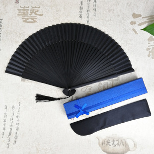 There are in stock cross-border black bone black face row fan plus gift box black cloth fan