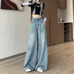 秋の新型の浅い青い広脚のジーパンの女性の2024サイズの高腰はやせている感じが現れます。